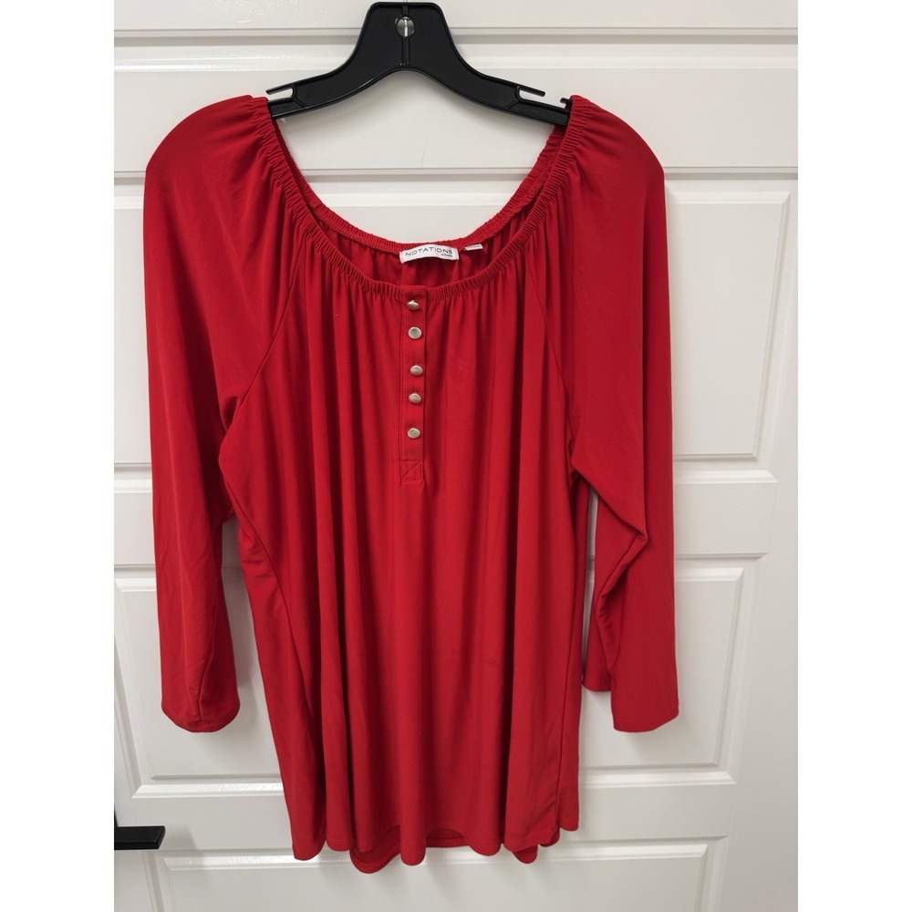 Notations Woman Red Top Blouse Elastic Neck Stretch Roll Tab Sleeves 1X